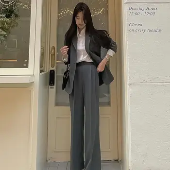 2 חתיכת קבוצה לנשים 2023 אופנה קוריאנית שרוול ארוך בודד עם חזה מוצק צבע בלייזר מתאים גבוהה Waisted מכנסיים ערכות T12