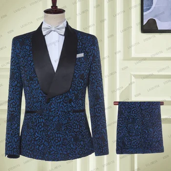 2023 כחול פרחוני אקארד חליפות גברים Slim Fit עם כפול עם חזה החתונה טוקסידו השושבינים סריג שחור דש האופנה הגברי