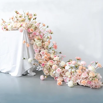 230cm יוקרה שולחן רץ ורוד לבן פרח בשורה עבור מסיבת חתונה, אירוע רקע תפאורה הביתה מלאכותי פרחים מלון קישוט