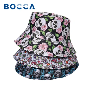 Bocca הגולגולת רוז הדפסה דלי כובע כפול הצדדים הפיך מתקפל כובעי כותנה יוניסקס דייג כובע מגניב אופנה היפ הופ