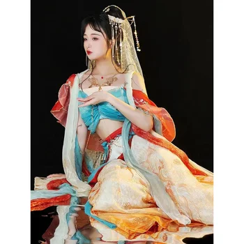 Dunhuang Feitian ריקוד תלבושת סינית Hanfu לנשים מסורתיות שיפון כתום צבע כחול פסטיבל ליל כל הקדושים Cosplay השמלה