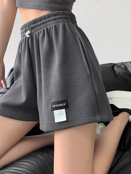HOUZHOU נשים ספורט מכנסיים קצרים מזדמנים שחור בסיסי אלסטי המותניים בקיץ מכנסיים קצרים מנופחים לבן קוריאני אופנה נשית במכנסיים קצרים.