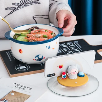 כלי שולחן קרמיקה קערת מטבח אביזרים ראמן הקערה צלחת פסטה יפנית קערת אטריות מיידיות, קערה עם מכסה מצוירים ביד Cer