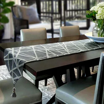 מודרני השולחן רץ, שכבה כפולה אפור ולבן כותנה אקארד שולחן רץ עם ציצית גיאומטריה אוסף חדר שידה