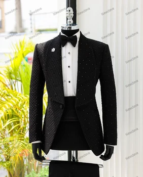 מודרני שחור בגדי גברים מחויטים 2 חתיכות מעיל מכנסיים כפתור אחד ברוחב דש חרוזים גודל פלוס חתונה רשמית טוקסידו בהזמנה אישית
