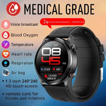 מקצועי רפואי כלי שעון חכם אמיתי לחץ דם חמצן מוניטור עם כריות אויר הקול שידור Smartwatch 1.3