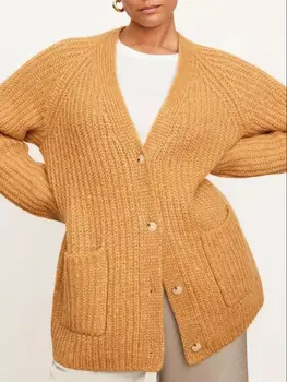 נשים סוודר סריגה קרדיגן V-צוואר מוצק חופשי שרוול ארוך יחיד בעלות סריגים כיסי המעיל צמר תערובת מקרית