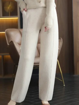 סתיו וחורף נשים מכנסיים אופנה מזדמנים מכנסיים רחבות נוח חמים צמר טהור מכנסיים חיצוני כל-התאמת המכנסיים