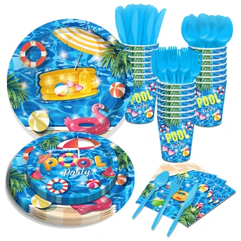 קיץ מסיבת בריכה חד פעמיות סטים הוואי שחייה צלחות נייר, כוסות רקמות מקלחת תינוק מסיבת יום הולדת עיצוב אספקה