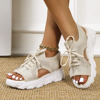 קיץ נשים סנדלים רשת נעליים מזדמנים לבן עבה עם סוליות שרוכים Sandalias בוהן פתוח חוף נעלי נשים חדשות נעליים Mujer