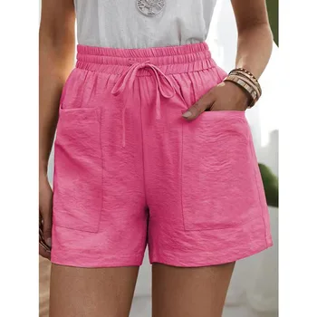 2023 קיץ אופנה חדשה מוצק צבע רופף כיס מזדמנים מכנסיים קצרים גבוה מותן רחבה הרגל המכנסיים נקבה