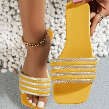 2023 קיץ האופנה ריינסטון דקור שקופית סנדלי נשים שקופיות תחתית שטוחה Non-להחליק חיצוני אישה סנדלי נעלי אישה נעליים