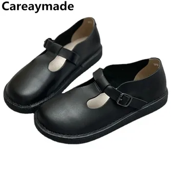 Careaymade-עור אמיתי נשים נעלי אביב רטרו ראש עגול רגיל מזדמן שטוח גומי תחתון אבזם החגורה של הנשים נעליים בודד