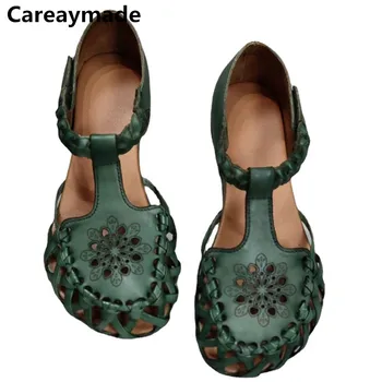 Careaymade-רטרו קיץ נעלי נשים נקבים חלולים ארוגים ביד פרח שטוח נשים סנדלי עור אמיתי נעליים