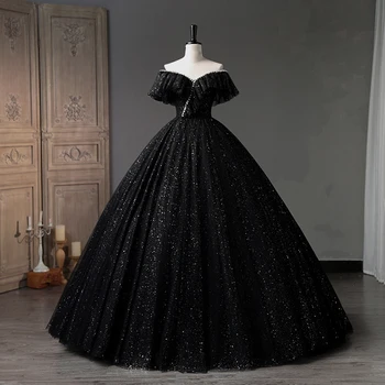 GUXQD שחור בלינג בלינג שמלת נשף שמלות ערב V-צוואר פאייטים לנשים נשף שמלות מסיבת רשמית Vestido De Noche Abendkleider