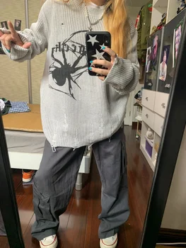 Harajuku אופנת רחוב Hippop חופשי סוודר נשים O-צוואר שבור חור וינטג ' סרוגים Pullovers סתיו 2023 אופנה Y2k פאנק מקסימום
