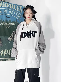 HOUZHOU קוריאני אופנה אופנת רחוב טלאים קפוצ 'ון נשים גראנג' בציר מכתב הדפסה גדול עם ברדס סתיו 2023 חדש