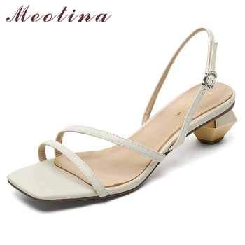 Meotina נעלי נשים עור אמיתי סנדלי צר לרפואה העקב סנדלי בוהן מרובע נעליים מוזר סגנון הגברת נעלי הקיץ