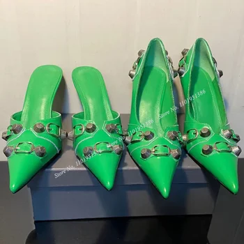 Moraima Snc ירוק מסמרת סנדלים מוצק אבזם עיצוב רדוד נעליים עקב גבוהות נעלי נשים נעלי העקבים נעליים על עקבים Zapatillas Mujer