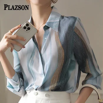 PLAZSON אלגנטי ונוער אישה חולצות, עניבה כחולה-צבוע להדפיס חולצת שיפון דש כפתור-אפ של נשים שרוול ארוך העליון סיבתי рубашка