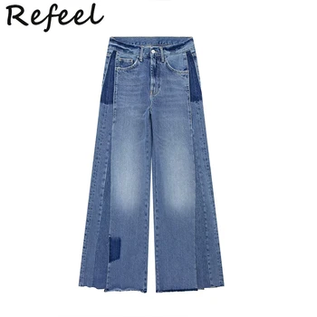 Refeel כחול רחב הרגל ג 'ינס לנשים טלאים ג' ינס רופף אופנה אופנת רחוב מכנסיים רחבים אישה באמצע שנות ה-מותן נשית מכנסיים
