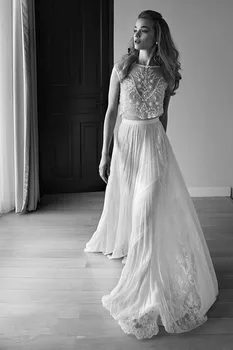 vestido de noiva casamento חרוזים ללא משענת החלוק דה mariee, mariage תחרה שני חלקים ללא משענת החתונה השמלה 2019 שמלת כלה.