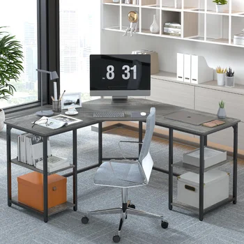 Yoneston בצורת שולחן כפול עם מדפים, גדולה, פינת מחשב שולחן למשרד הביתי תחנת עבודה למחשב נייד שולחן עם אחסון