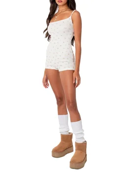 ZUNZOOM נשים s הקיץ ללא שרוולים סרבל לבן פרחוני ספגטי רצועת רומפר מכנסיים סרבל (לבן XL)