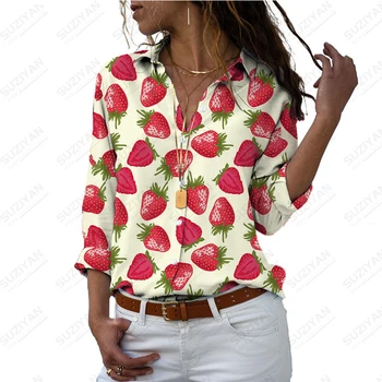 אביב/קיץ 2023 יומיומי שרוול ארוך עם צווארון וי לנשים הכפתור העליון האופנה נשים של פירות תות הדפסה חופשי חולצה בתוספת גודל