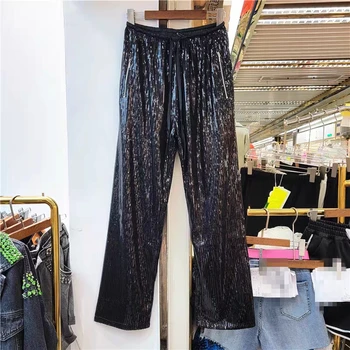 אלסטי המותניים שרוך מכנסי נשים פאייטים צינור ישרה רגוע תכליתי רחב הרגל המכנסיים