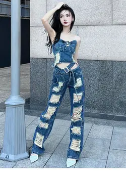 אמריקאי בסגנון רטרו רחוב בחורה שווה קרע ג 'ינס נשים משוחררות הקיץ של חוש עיצוב סטרפלס וסט ג' ינס להגדיר אופנתי