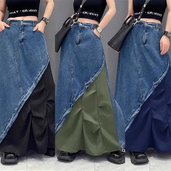 האמריקאי רטרו צבע מנוגדים טלאים ג ' ינס חצאית עם רפוי, דק קפלים מזדמן קו חצאית לנשים סתיו רחוב
