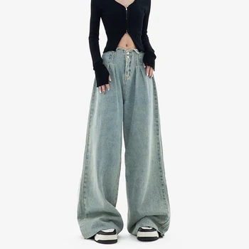 הג ' ינס החדש של נשים באביב ובסתיו ישר קצוות מכנסיים רחבות כפול עם חזה קפלים עיצוב רטרו מגב המכנסיים