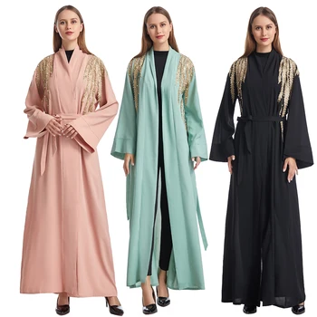 המוסלמים הגברת קרדיגן Appliqued רקמת שרוולים ארוכים Abaya נשים ערביות מוצק צבע מסורתי קרסול אורך החלוק שמלת מקסי