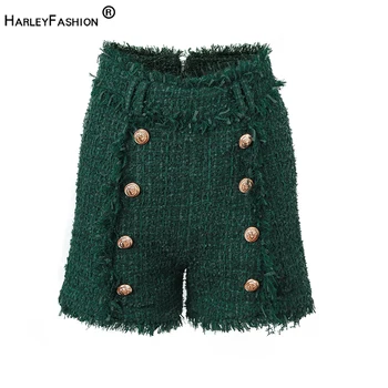 חורף חדשים יוקרה בד ארוג חמים עיצוב נשים טוויד מזדמן ירוק מכנסיים קצרים כל-התאימו את הסגנון הנשי