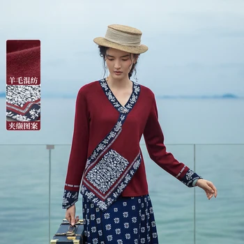 חיים משמאל נשים סוודר שרוול ארוך קרוס עם חזה V-צוואר סינית מסורתית עורב פרח אקארד רטרו צמר העליון