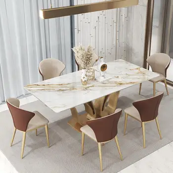 יוקרה וילה חדר האוכל ברבור צורה מלבנית האי שולחן 1.8 מ ' ו-6 כיסאות להגדיר הזהב מטבח שולחן השיש רהיטים YH
