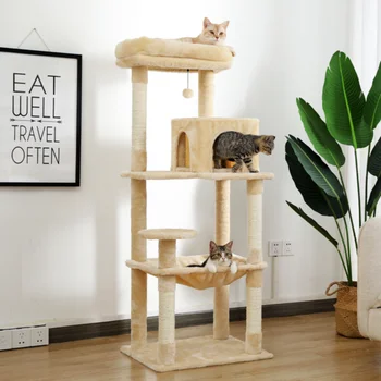 יוקרה חתול עץ חתול מגדל עם סיסל מגרד פוסט\ חמים הדירה\ העליון מוט\ ערסל משתלשלות הכדור בצבע בז'