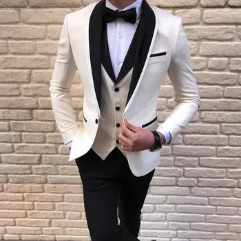 לבן של גברים מזדמנים סידרה 3-חלקים הצעיף דש מוצק טוקסידו לנשף החתונה השושבינים (בלייזר+אפוד+מכנסיים)2020 חליפות חדשות