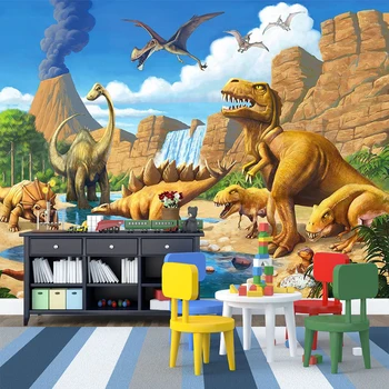 מותאם אישית 3D קריקטורה ציור קיר נייר קיר עיצוב חדר ילדים בגן הדינוזאור פרסקו סיבי עץ טפט 3D המסמכים דה Parede