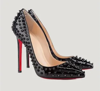 משלוח חינם ！ יוקרה חדש נשים נעלי העקבים גבוהים מסמרות משאבות האדום התחתון הצביע משובץ מלא קוצים בנות מותג נעלי חתונה