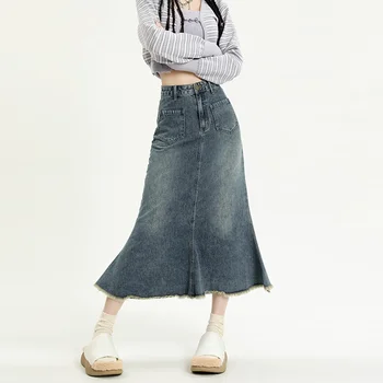 נוסטלגי כחול ג ' ינס, חצאית נשים סלים לעטוף היפ חצאית 2023 אביב קיץ אופנה חדשה סגנון גבוה המותניים תכליתי Fishtail חצאית