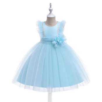 נערת קיץ שמיים כחול שמלת מסיבת יום הולדת עם פרח קצר ילדים הנסיכה חתונה נשף ריקודים תחפושות 4 -10 שנה Vestidos