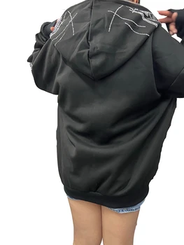 נשים s אופנה Y2K ריינסטון שלד קפוצ 'ון אופנתי מנופחים החולצה ז' קט עם כיס מלא רוכסן סגירה