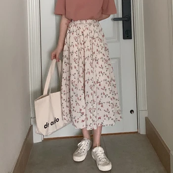 נשים וינטג ' פרחוני הדפסה קו עם קפלים חצאיות ארוכות 2022 קוריאנית חצאית אופנת רחוב שרוך אלסטי המותניים קיץ חצאית מידי