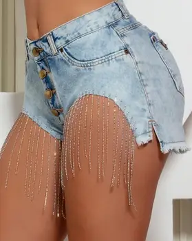 סקסית ציצית עיצוב כפתורים גולמי שולי מכנסי ג 'ינס קצרים 2023 קיץ אופנה נשים מקרית של רחוב לילה סקיני ג' ינס קצר