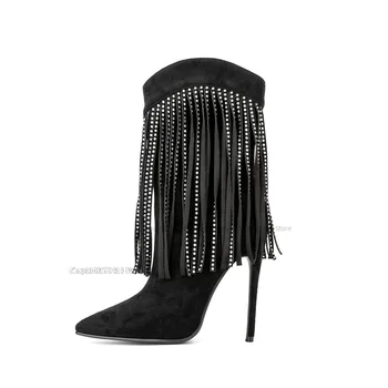קריסטל ציציות עיצוב שחור מחודד בוהן מגפי עגל אמצע רוכסן בצד נעלי נשים דק עקבים גבוהים אופנה 2023 פאטוס פארא Mujere