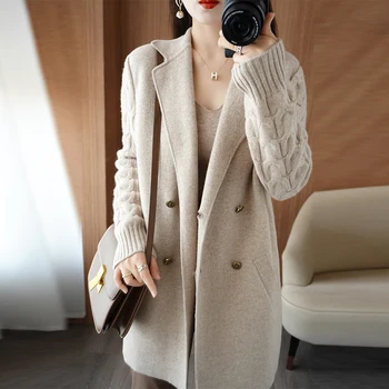 קשמיר מעיל בגדי נשים חליפת קרדיגן צווארון 100% צמר מרינו סרוגים Sweatr אופנה קוריאנית עבה חולצה סתיו חורף העליון