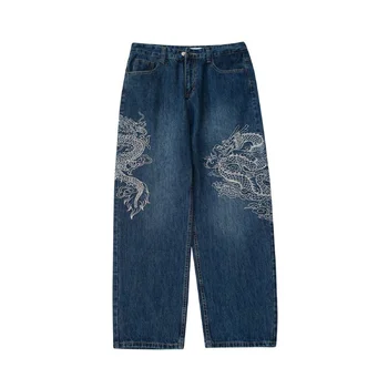 שיק חדש הדרקון סינית Embroid Harajuku בציר לשטוף ישר נשים ג ' ינס היפ הופ Y2k אופנת רחוב רחבים של נשים מכנסיים נקבה
